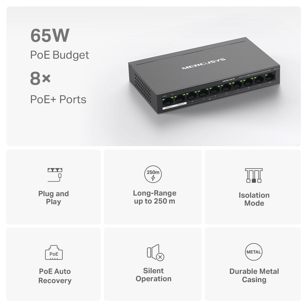 Switch de Mesa Mercusys MS110P de 10 Portas com 8 Portas PoE+-