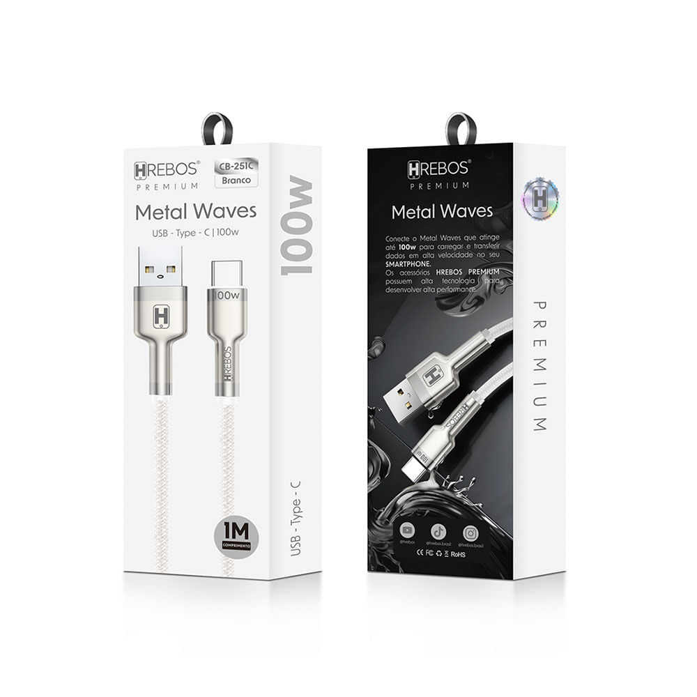 Cabo Auxiliar Hrebos USB-A para USB-C, Metal Waves - CB-251C