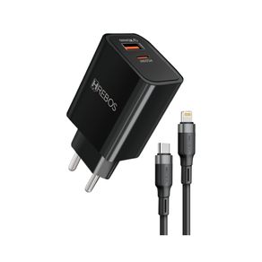 Carregador de Parede Hrebos Power Turbo, 1entrada USB-C e 1 entrada USB-A, Sáidas Type-C e Lightning, 20W/18W, com Cabo - CRG-154Ci Preto DF - 284083 Carregador de Parede Hrebos Power Turbo, 1entrada USB-C e 1 entrada USB-A, Sáidas Type-C e Lightning, 20W/18W, com Cabo - CRG-154Ci Preto DF - 284083