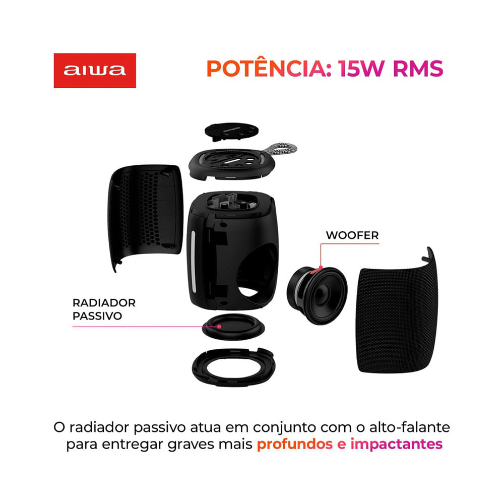 Caixa de Som AIWA Speaker, 15W, Bluetooth IPX4, RGB - AWS-SP-03-B