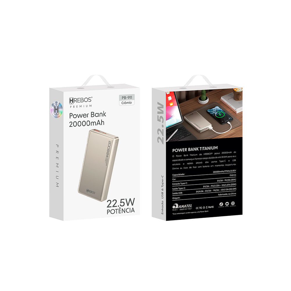 Carregador Portatil Hrebos Power Bank, 20.000Ah, Entradas USB