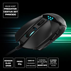 Mouse Predator Cestus 327 PMW300, 5 níveis de seleção com máximo de 8000 DPI | Preto GO - 582994