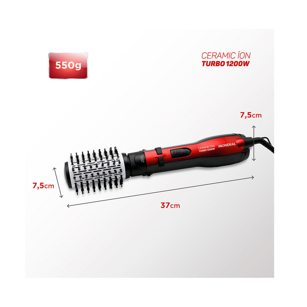 Escova Rotativa Ceramic Íon Turbo Mondial ER-09, Vermelho/Preto