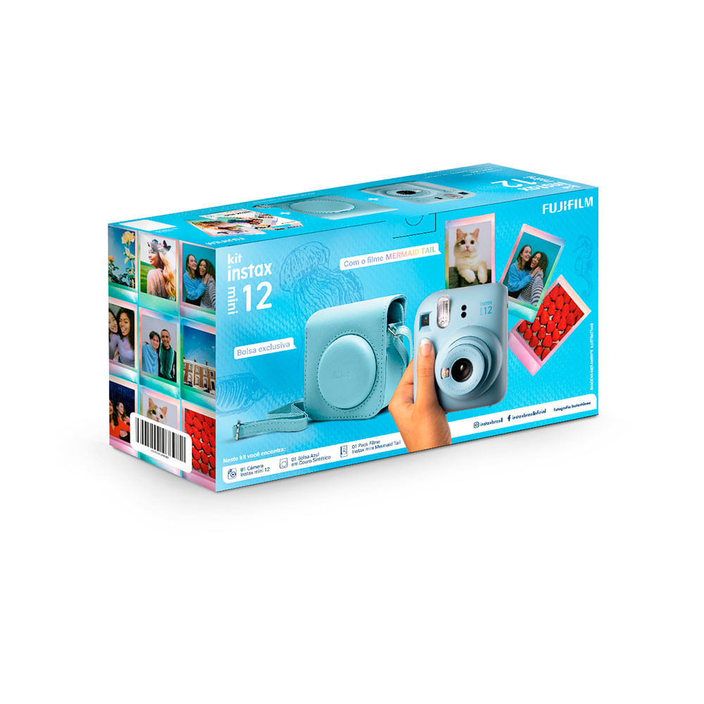 Kit Câmera Instax Mini 12 com pack 10 fotos Mermaid Tail e Bolsa