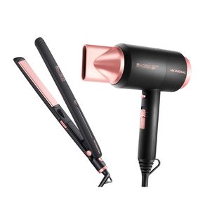 Kit Secador e Prancha Mondial, Tourmaline Íon, Protect Care e Chapas Flutuantes, Preto/Golden Rose | 220V DF - 691765