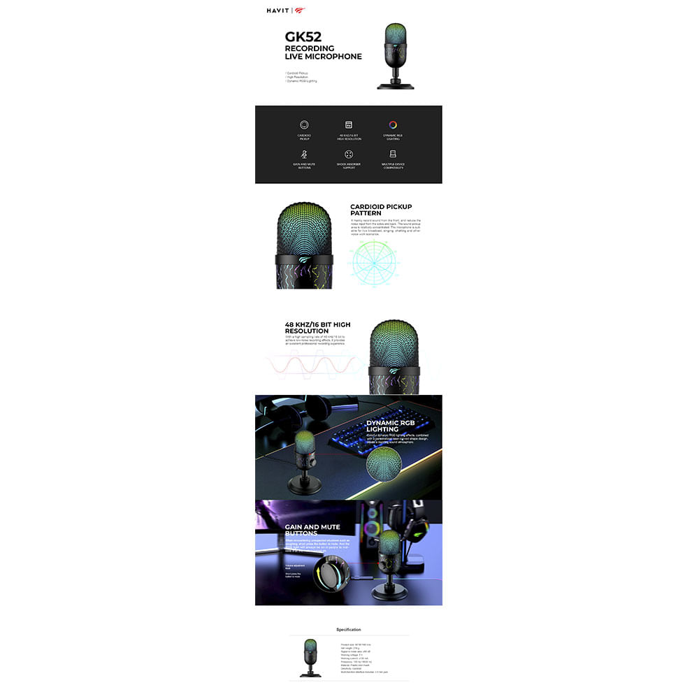 Microfone Gamer Havit GK52, Mesa, USB, Iluminação RGB e Botão de