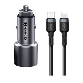 Carregador Veicular Premium Hrebos CRV-203CI, USB-C, Potência Combinada 60W Turbo, Inclui cabo de 1 metro Cinza DF - 284137 Carregador Veicular Premium Hrebos CRV-203CI, USB-C, Potência Combinada 60W Turbo, Inclui cabo de 1 metro Cinza DF - 284137