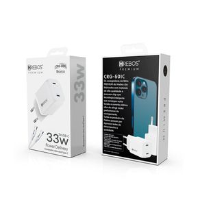 Carregador de Parede Hrebos Premium, 2 entradas USB-C para USB-C, 33W, com Cabo - CRG-501C | Branco DF - 284078 Carregador de Parede Hrebos Premium, 2 entradas USB-C para USB-C, 33W, com Cabo - CRG-501C | Branco DF - 284078