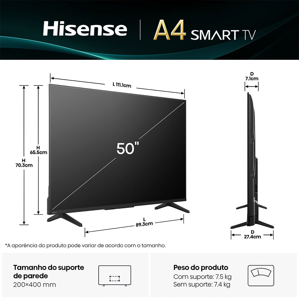 Smart TV LED 50? Hisense 50A4NV FHD, HDR10, DTS Virtual X, HDMI