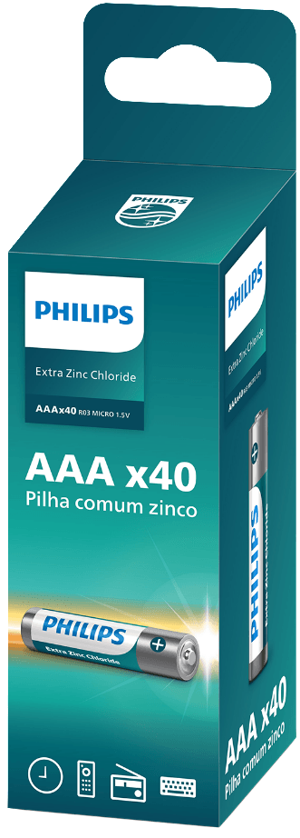 Pilha Philips Zinco AAA 1,5V, Pack com 40 Unidades - R03L40TF/59